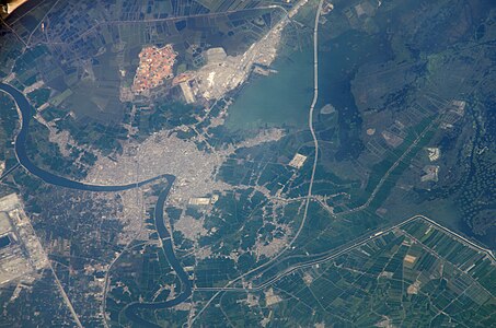 old town Damietta, river Nile, lagoon, ISS photo of landscape