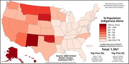 Proportion of Indigenous Americans in each U.S. state, Washington, D.C., and Puerto Rico as of the 2020 U.S. census Indigenous Americans by state.svg