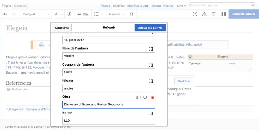 Ompliu els paràmetres extra que hagueu afegit i recordeu afegir la data de consulta i l'idioma del web