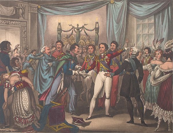 Intelligence of the Battle of Ligny (1818) by William Heath, depicting a Prussian officer informing the Duke of Wellington that the French have crosse