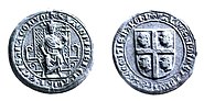 Lead seal showing James II seated on a throne and holding an orb, with the Sardinian coat-of-arms on the reverse