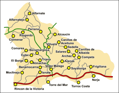Kart over Vélez-Málaga og Axarquíaområdet