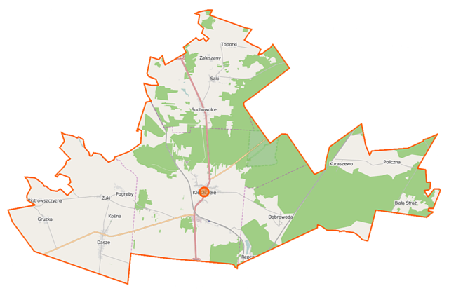 Mapa konturowa gminy Kleszczele, blisko centrum na dole znajduje się punkt z opisem „Kleszczele”