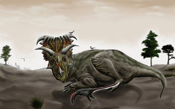 A Kosmoceratops disturbed from its rest by a wandering Talos