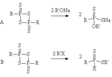 The reaction of a 1,3,2,4-dithiadiphosphetane 2,4-disulfide with either a nucleophile or an electrophile LRnucleophileelectrophile.png
