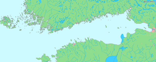 Mapa konturowa Zatoki Fińskiej, blisko centrum na lewo znajduje się punkt z opisem „miejsce bitwy”