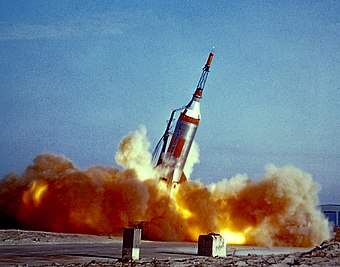 Launch of the Little Joe booster from Wallops Island, to test the Project Mercury capsule, 1960.
