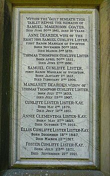 Memorial plaque of Samuel Lister, 1st Baron Masham and family Lister Memorial (2600396025).jpg