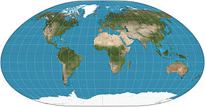 Loximuthal projection of the world, central point = 0degE, 30degN. 15deg graticule. Loximuthal projection SW.JPG