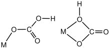 Bonding modes for bicarbonate ligands. MCO3Hmodes.svg