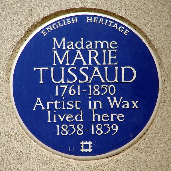 English Heritage blue plaque marking one of Tussaud's homes in the City of Westminster, London