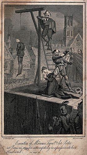 Een romantische en verkeerde kijk op de executie van Madame Tiquet door George Cruikshank in 1819.