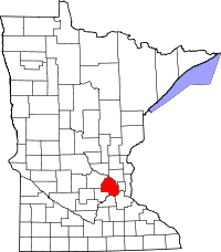 Kort over Minnesota med Hennepin County markeret