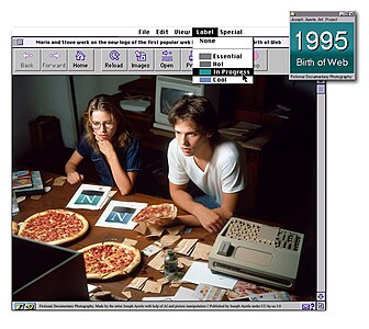 Photographie documentaire fictive : Deux pionniers d'Internet de l'année 1995 créent le nouveau logo du navigateur Internet Netscape (une photo fictive). Créé par un artiste en utilisant l'IA Midjourney.