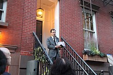 Max Rudin, the publisher of the Library of America, speaking at a 2015 event in Greenwich Village that unveiled a plaque at a building that the author James Baldwin lived in Max Rudin speaking at James Baldwin plaque unveiling at 81 Horatio Street 10-7-15.jpg