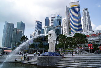 Singapore has utilized extensive land reclamation to expand beyond its original geographical borders. Merlion and the Singapore Skyline.JPG