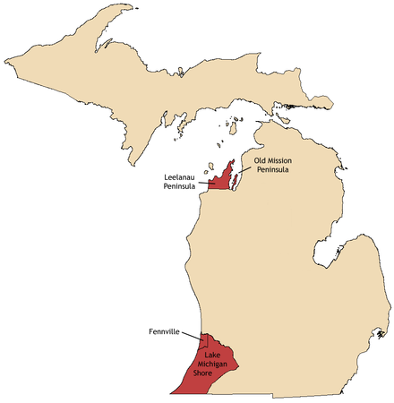 The four American Viticultural Areas (AVAs) in Michigan.
