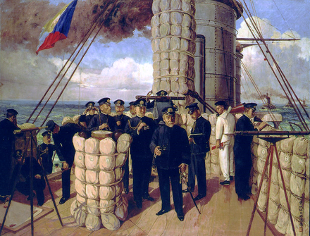 Japan's Admiral Togo on the bridge of Mikasa just before the Battle of Tsushima
