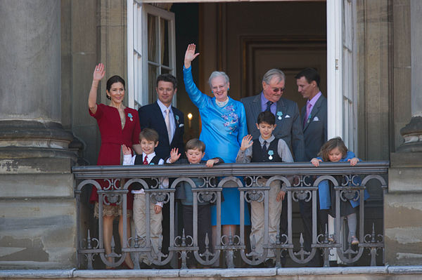 The royal family of Denmark during the Queen Margrethe II's 70th birthday on 16 April 2010. From left to right: Queen Mary of Denmark (then Crown Prin