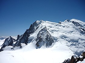 Face Nord du mont Blanc du Tacul depuis l'aiguille du Midi avec la vallée Blanche à ses pieds et le mont Blanc sur la droite.