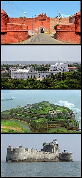 From top to bottom: 1. Zampa Gateway 2. Churches of São Paulo (left) and São Tomás (left) 3. Citadel of Diu 4. Fortim do Mar