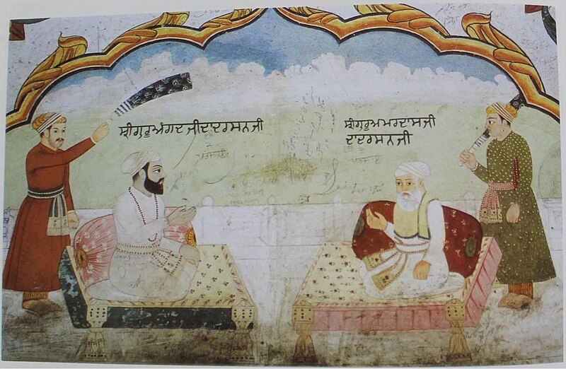 File:Mural depicting Guru Angad and Guru Amar Das with attendants on a terrace from the Bhai Bahlo Darwaza of the Darbar of Ram Rai in Dehradun, circa pre-1688.jpg