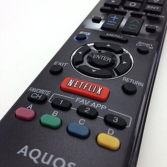 A Sharp Aquos remote control with a Netflix button Netflix button on Sharp Aquos remote 20131106.jpg