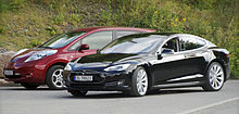 The all-electric Nissan Leaf (left) and the Tesla Model S (right) were the two best selling plug-in electric cars in Norway in 2014. Nissan Leaf and Tesla Model S in Norway cropped.jpg