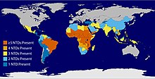 Global overlap of six of the common NTDs, specifically guinea worm disease, lymphatic filariasis, onchocerciasis, schistosomiasis, soil-transmitted helminths, and trachoma, in 2011 Ntd-world.jpg