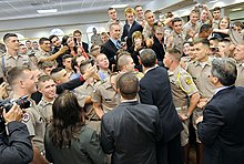 President Barack Obama shakes hands with Cadets during a visit to the campus in October 2009. Obama Texas-A&M-Corps-of-Cadets October-2009.jpg