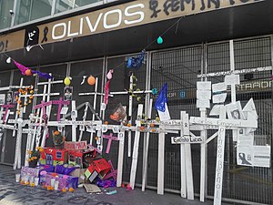 Twenty-six crosses with the names of the deceased are on the protective fence of Olivos station.