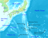 The islands of Ogasawara Subprefecture follow an oceanic ridge south from the Izu Islands and Tokyo on Honshu in the Japanese Home Islands