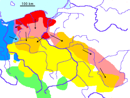The early East Germanic expansion (1st and 2nd centuries AD): Jastorf culture (blue), Oksywie culture (red), Przeworsk culture (yellow/orange); eastward expansion of the Wielbark culture (light-red/orange).