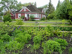 Small red cottage surrounded by garden
