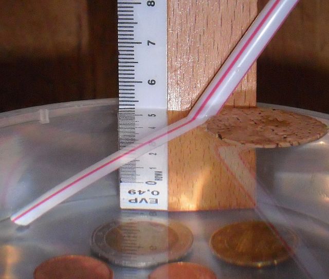 Due to refraction, the straw dipped in water appears bent and the ruler scale compressed when viewed from a shallow angle.