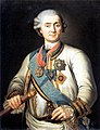 Graaf Orlov (1737-1808) draagt hel blauwe lint van de Andreasorde en de Orde van Alexander Nevsky aan een lint om de hals. Het geel met zwarte lint is van de Orde van Sint-George