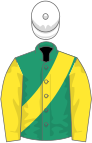 Emerald green, yellow sash and sleeves, white cap