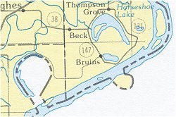 A Horseshoe or oxbow lake near Hughes, Arkansas. The bulges in the border reflect changes in the course of the river; when the river shifted its cours