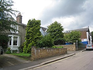 Photograph of several houses, partly hidden by trees, behind a garden wall on an upward-sloping suburban road