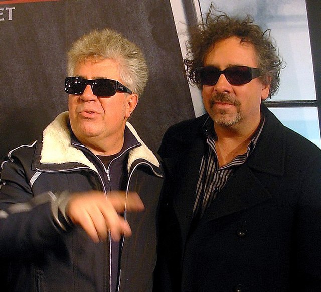 Burton (right) and Pedro Almodóvar at the première of Sweeney Todd: The Demon Barber of Fleet Street in Madrid, in 2007