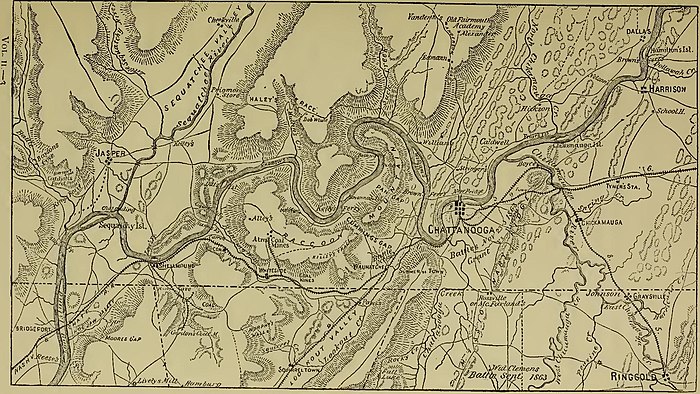 A map centered on Chattannooga, showing the topography around the city