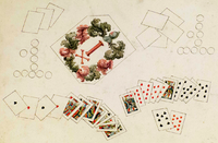 1855 drawing of the top of an inlaid table depicting two hands of a game of piquet on which the manor of Kennersleigh was lost by Thomas Dowrich in the 17th century. The losing hand is that at left, four aces, four kings, and four queens. Collection of National Trust, Saltram House PiquetHands DowrichHouseDevon 1855Drawing SaltramHouseCollection.png