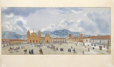The Plaza de Bolívar in 1846 a watercolor by Edward Mark Walhouse