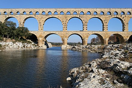 Pont du Gard in France is a Roman aqueduct built in c. 19 BC. It is a World Heritage Site.