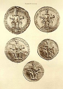 Seals used by Frederick as Emperor (ed. Otto Posse 1909): 1: first imperial seal (1221-1225), 2: second imperial seal (1226), 3: third imperial seal, addition of the title of King of Jerusalem (1226-1250) 4: seal used in 1221 and 1225, 5: first seal as King of Jerusalem (1233). Posse Band 1 b 0063.jpg