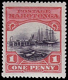 A 1920 stamp inscribed "Rarotonga". Postage Rarotonga Avarua Waterfront stamp 1p.jpg