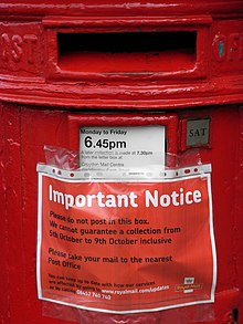 Notice about the postal strike on a pillar box Postbox with notice about strike in 2007.jpg