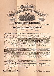 A life insurance policy for President James A. Garfield written by the Equitable Life Assurance Society of the United States on the 22nd of June, 1881, signed 9 days prior to Garfield being shot by Charles J. Guiteau at the Baltimore and Potomac Railroad Station in Washington, D.C. President James A Garfield Life Insurance Policy.jpg