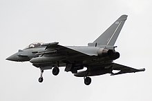 Typhoon FGR4 ZK439 on approach to RAF Marham, May 2020. This was the penultimate Typhoon to be delivered to the RAF. RAF Eurofighter Typhoon ZK439 - 49935269173.jpg