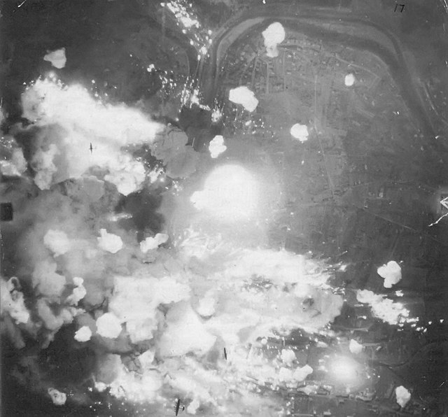 A photograph taken during a typical RAF night attack with Avro Lancasters far below